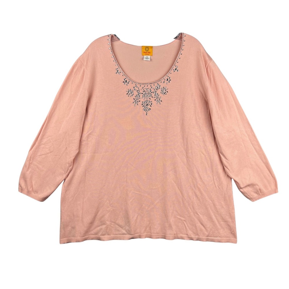 Ruby Red Woman Plus Size 3X Pink Beaded Neckline 3/4 Sleeve Knit Top Sweater